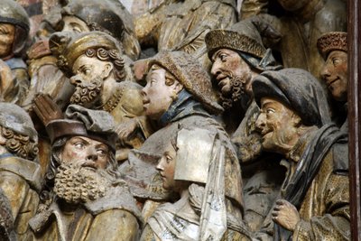 FRANKRIJK. Hauts-de-France. SUM. Amiens. Onze-Lieve-Vrouwekathedraal. Zuidmuur van het koor. Detail van bas-reliëfs die het verhaal van Sint-Fermin uitbeelden. Gotische kunst. Reliëf door Ferdinand Georg Waldmuller