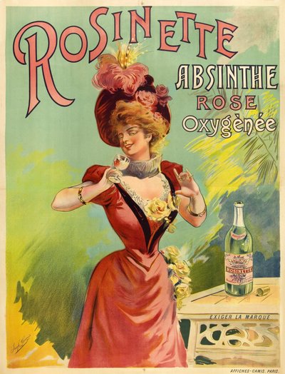 Elegante vrouw gekleed in Belle Epoque stijl die een glas absint proeft door Frederick (attr. to) Barnard