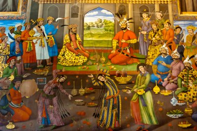 Fresco; banket met dansende meisjes; Shah Tahmasp ontvangt de Indiase Mughal Keizer Homayun; 1544; Chehel Sotoun; Veertig Zuilen Paleis; Isfahan; Iran; Azië door Frederick (attr. to) Barnard
