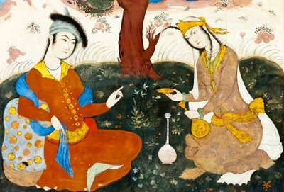 Fresco; twee geliefden; Perzische miniatuur; Chehel Sotoun; Veertig Zuilen Paleis; Isfahan; Iran; Azië door Frederick (attr. to) Barnard