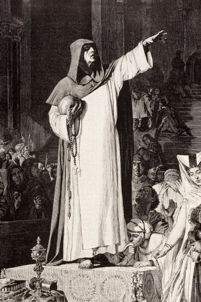 Girolamo Savonarola, Italiaanse Dominicaanse monnik die predikte tegen immoraliteit en luxe die tot zonde zou verleiden, naar een werk van De Langemantels, uit 