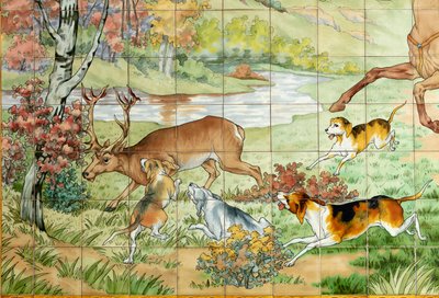 Interieur, tegelpaneel, schilder Furcy Ernest Tondeur, uitvoerder Boch Frères La Louvière, eerste paneel, jachtscène met drie ruiters, (detail) door . .