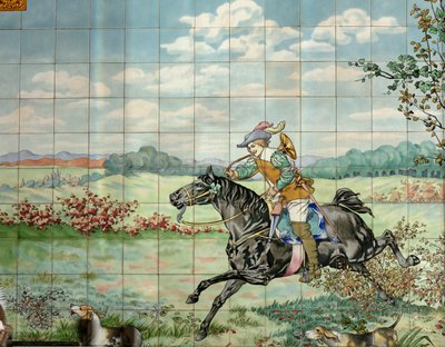 Interieur, tegelpaneel, schilder Furcy Ernest Tondeur, uitvoerder Boch Frères La Louvière, tweede paneel toont jachtscène met galopperende ruiter met jachthoorn door . .