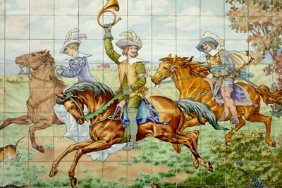 Interieur, tegelpaneel, schilder Furcy Ernest Tondeur, uitvoerder Boch Frères La Louvière, eerste paneel, jachtscène met drie ruiters, detail door . .