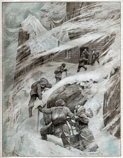Italiaanse toeristen vast in de storm in de Italiaanse Alpen, 1925 (illustratie) door . .