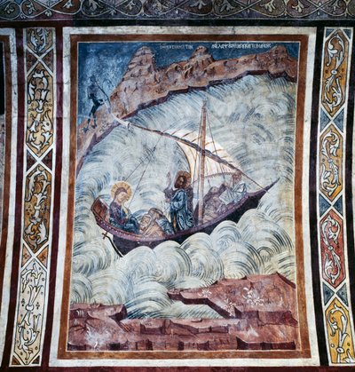 Jezus kalmeert de storm, fresco op gewelf van kerk van Thari klooster, Rhodos eiland, Griekenland door Georg Carl Heinrich Dollmann