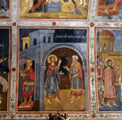 Jezus spreekt tot Pontius Pilatus, fresco gewelf met scènes uit het leven van Jezus, Mikro Sotiris klooster, Symi eiland, Griekenland door Georg Carl Heinrich Dollmann