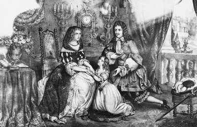 Koning Lodewijk XIV en zijn dochter smeken hertogin Louise de La Valliere om zich niet terug te trekken in het klooster door Georg Carl Heinrich Dollmann