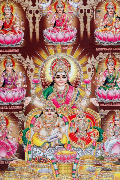Lakshmi, de vrouw van Vishnu, is godin van welvaart, geluk en schoonheid door . .