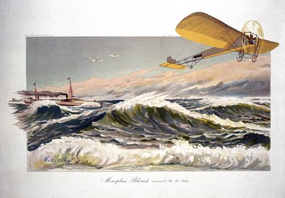 Louis Bleriot (1872-1936), Franse vliegenier, oversteekt het Kanaal op 25 juli 1909, aan boord van zijn eendekker 