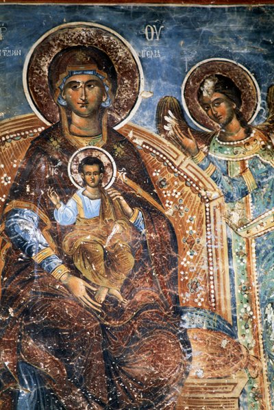 Madonna met Kind en Engel, fresco in klooster van Ano Pedina, nabij Papigo, Zagoria, Epirus, Griekenland door Georg Carl Heinrich Dollmann