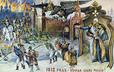 Napoleontische oorlog van 1812, afbeelding van Napoleons terugtocht uit Moskou onder toezicht van de keizerlijke Russische tweekoppige adelaar en tsaar Alexander I. door Frederick (attr. to) Barnard