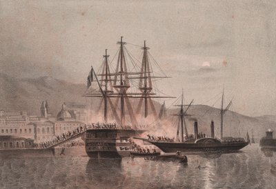 Napolitaans schip Monarca aangevallen door Tuckery, in de haven van Castellammare door William Walcutt