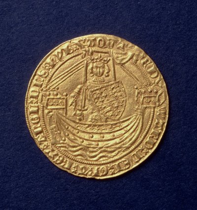 Edele van Edward III (1312-77) voorzijde toont de koning op een schip, Calais munt, intro. 1344 door Hippolyte Lalaise Devéria