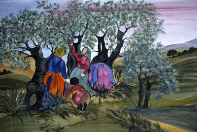 Olijven plukken, naïef van Barbara Mencarelli, Mandoleto, Solomeo, Umbrië, Italië door Henry Charles Fehr
