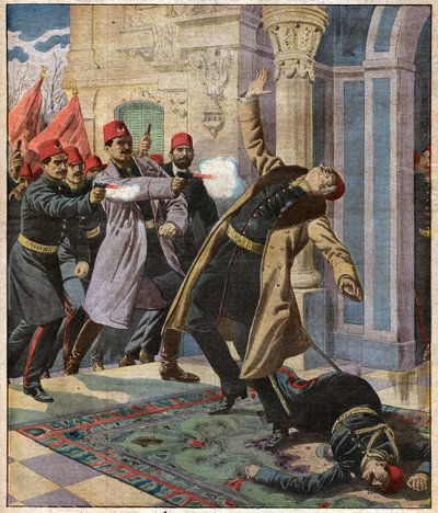 Ottomaanse staatsgreep: Enver Pasja en de CUP vallen het Keizerlijk Paleis binnen en doden minister Nazin Pasja, 9 februari 1913 door Ferdinand Georg Waldmuller