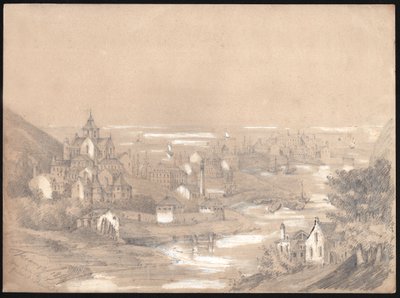 Panorama van de stad Fecamp, Normandië. 1841 (tekening) door . .