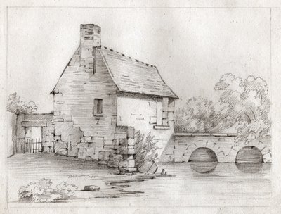 Boerenhuis aan de rand van een rivier. circa 1830 (illustratie) door . .