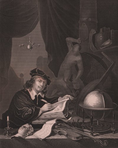 Portret van de Nederlandse schilder Gerrit Dou, gravure door Albert Henry Paine naar schilderij van Gerrit Dou, uit Payne