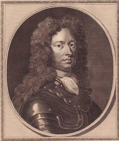 Portret van de Engelse soldaat Thomas Tollemache, kopergravure door John Goldar naar schilderij van G Kneller door William Walcutt