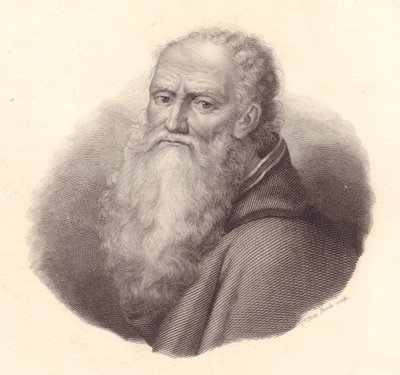 Portret van Italiaanse schilder Bernardino Luini (circa 1481-1532), kopergravure door Caterina Piotti-Pirola naar zelfportret van Luini door William Walcutt