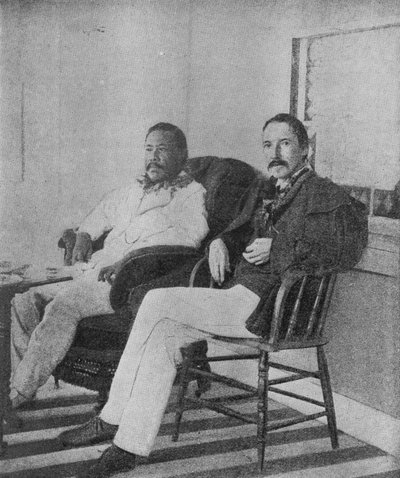 Robert Louis Stevenson met koning Kalakaua van Hawaï op de veranda van het Koninklijk Boothuis in Honolulu door Hippolyte Lalaise Devéria