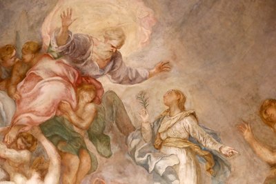 Santa Maria delle Vigne basiliek. God de Vader. Fresco. Genua. Italië. door . .
