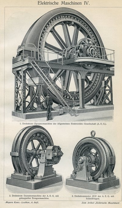 Wetenschaps- en technologieplaat die industriële elektrische machines met driefasige stroom voorstelt. Illustratie uit Meyers Grosses Konversations-Lexikon, 1904. Bibliografisch Instituut, Leipzig en Wenen door Ferdinand Georg Waldmuller