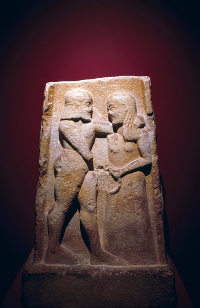 Stele met Menelaus en Helena, gevonden in Sparta, Griekenland, Griekse beschaving, late 7e eeuw v.Chr. door Georg Carl Heinrich Dollmann