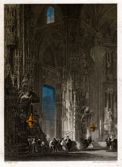 De kathedraal van de Heilige Verlosser in Jerez de la Frontera (Xeres). circa 1840 (gravure) door . .