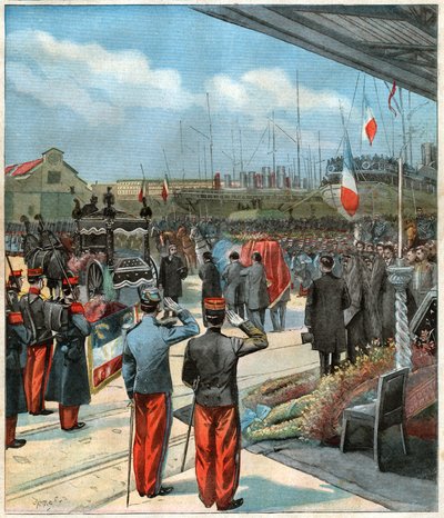 Het lichaam van de Franse ontdekkingsreiziger Pierre Savorgnan de Brazza gerepatrieerd van Dakar (Senegal) naar Parijs (illustratie) door John Pardon