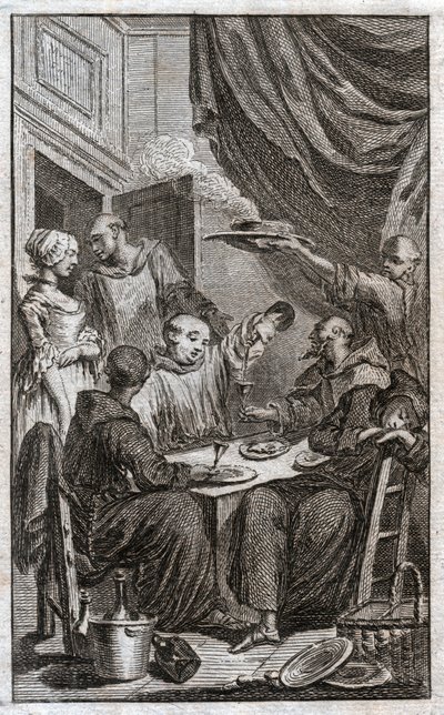 Het feest van monniken die kloosterregels overtreden. Ze drinken wijn, flirten met de dienstmeisjes. 18e eeuw (gravure) door . .