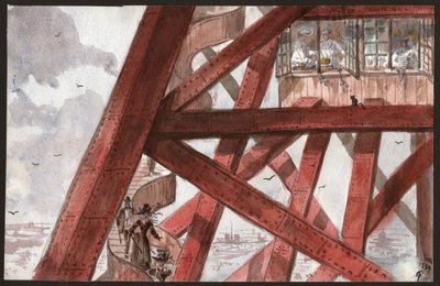 Toeristen op de trappen van de Eiffeltoren, Parijs. Koks koken in het restaurant op de eerste verdieping. 1889 (illustratie) door . .