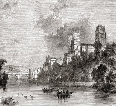 Uitzicht op Durham en de Kathedraal, gezien vanaf de River Wear, Durham, Engeland door . .