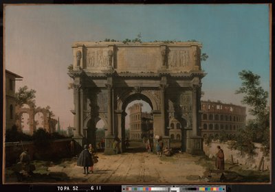 Uitzicht op de Boog van Constantijn met het Colosseum door Canaletto