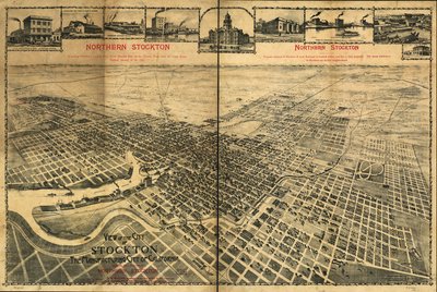 Uitzicht op de stad Stockton, de Industriestad van Californië met de locatie van noordelijk Stockton door Dakin Publishing Co.