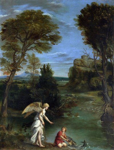 Landschap met Tobias die de vis grijpt door Domenichino