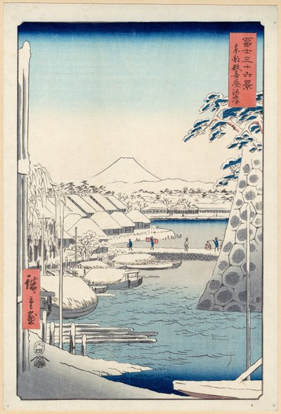 Oever van de rivier bij Sukiya in Edo (Tōto Sukiya-gashi), uit de serie Zesendertig gezichten op de berg Fuji door Hiroshige
