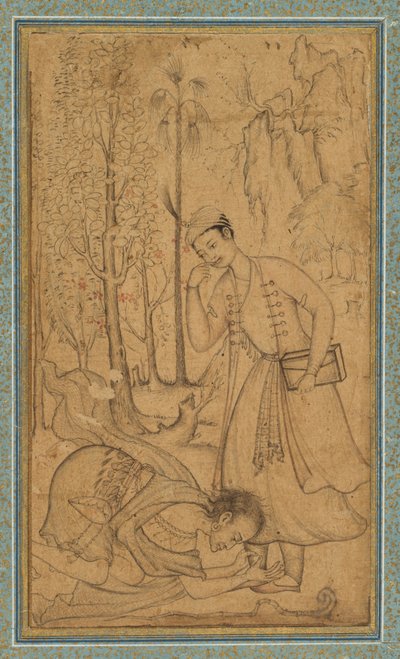 Een heilige man die zich voor een geleerde prins neerbuigt, c. 1585, rand waarschijnlijk toegevoegd in de 1700s door   Manohar