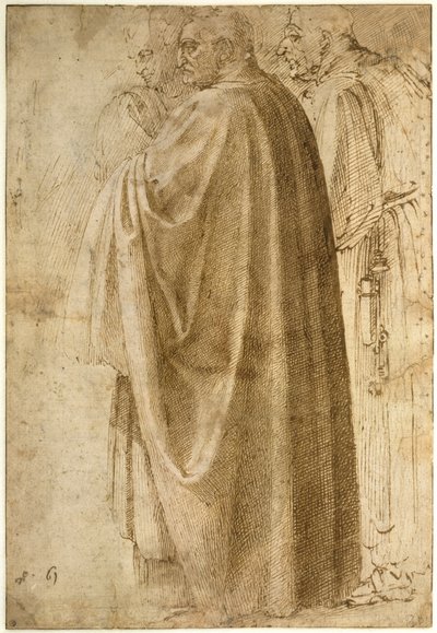 Drie Staande Mannen in Brede Mantels naar Links Gekeerd door Michelangelo