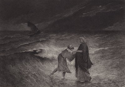 Jezus en Sint Petrus op zee door after Albert Robida