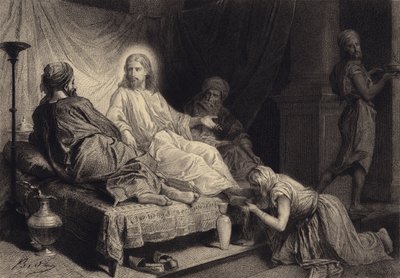 Magdalena aan de voeten van Jezus door after Albert Robida