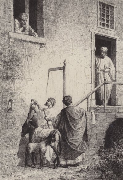 De ezel en haar veulen door after Albert Robida