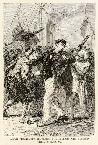 Na het krachtig afwijzen van de fellahs die hun hulp aanboden, uit De Reis om de Wereld in Tachtig Dagen door Jules Verne (1828-1905), gegraveerd door Henri-Théophile Hildebrand (1824-1897) 1873 (gravure) door after Alphonse Marie de Neuville