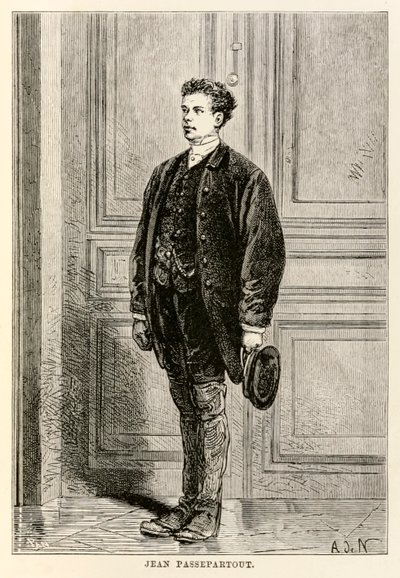 Jean Passepartout, uit De reis om de wereld in tachtig dagen door Jules Verne, gegraveerd door Louis Dumont, 1873 door after Alphonse Marie de Neuville