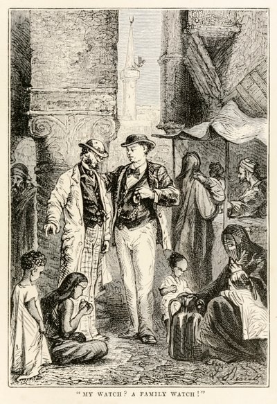Mijn horloge? Een familiehorloge!, uit De Reis om de Wereld in Tachtig Dagen door Jules Verne (1828-1905), gegraveerd door Louis Dumont (b.1822), 1873 door after Alphonse Marie de Neuville