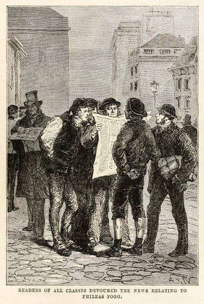 Lezers van alle klassen verslonden het nieuws over Phileas Fogg, uit De Reis om de Wereld in Tachtig Dagen door Jules Verne (1828-1905), gegraveerd door Louis Dumont (b.1822) 1873 door after Alphonse Marie de Neuville