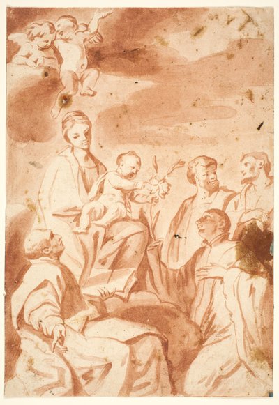 De Madonna en Kind op de troon met de heiligen Ignatius van Loyola, Franciscus Xaverius, Cosmas en Damianus door after Andrea Sacchi
