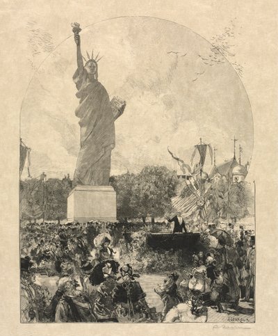 Vrijheid verlicht de wereld, aangeboden aan de stad Parijs door de Amerikanen door after Auguste Louis Lepère