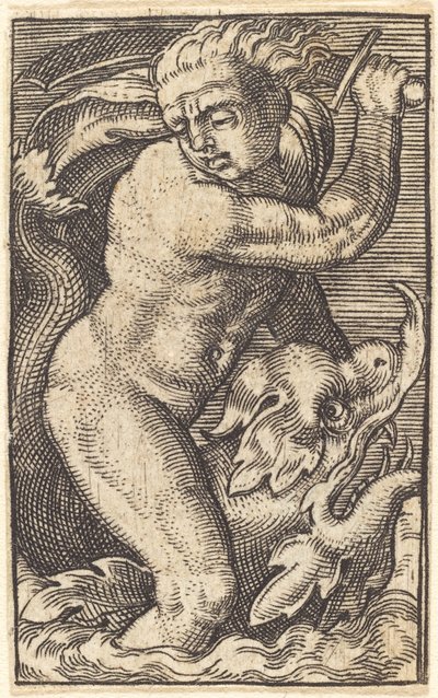 Kopie in Spiegelbeeld van "Zee-God naar Links Rijdend op een Dolfijn" door after Barthel Beham